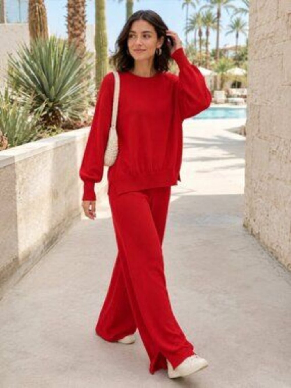 NWOT FME Bright Red Knit Sweater Wide Leg Pants Two Piece Matching Set